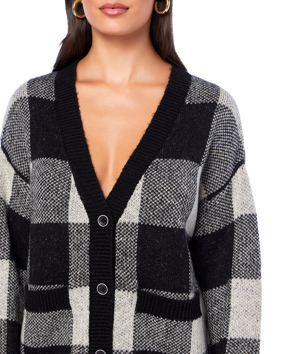Black $|& Vigoss Buffalo Check Cardigan Sweater - SOF Detail