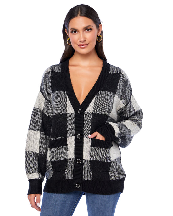 Black $|& Vigoss Buffalo Check Cardigan Sweater - SOF Front
