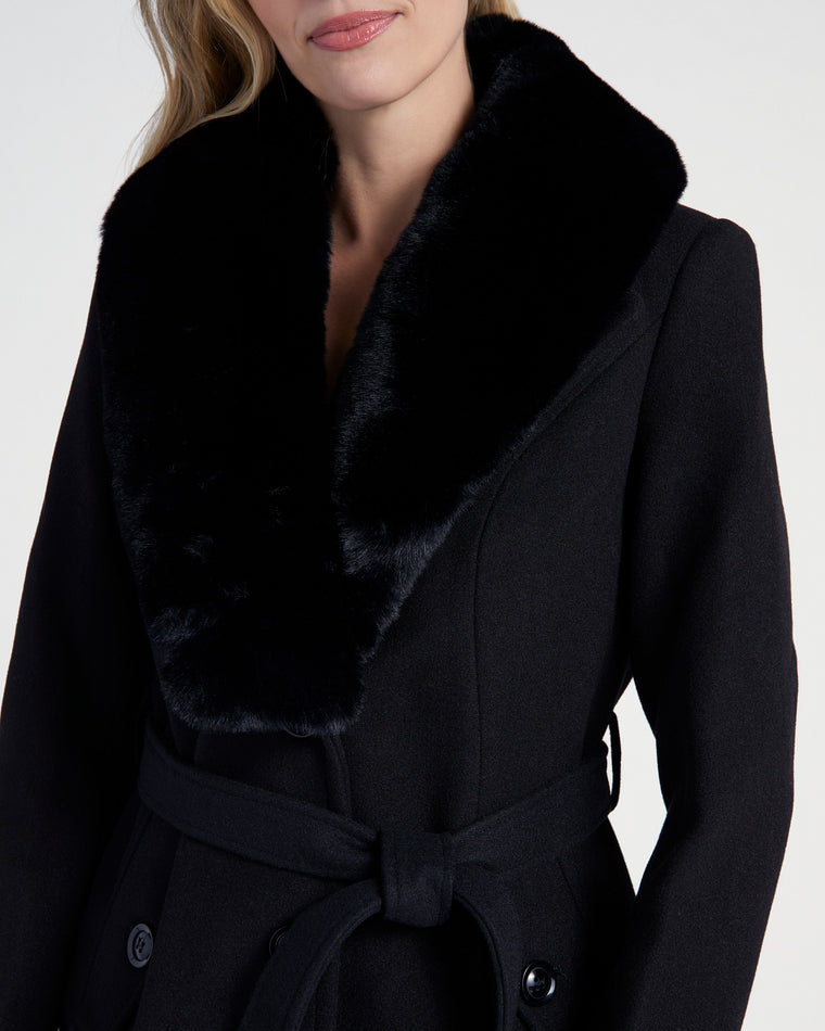 Black $|& Coalition Faux Fur Trim Belted Coat - SOF Detail
