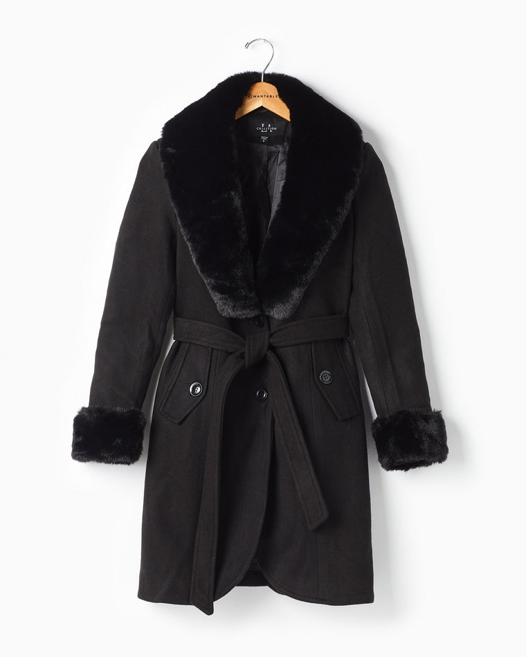 Black $|& Coalition Faux Fur Trim Belted Coat - Hanger Front