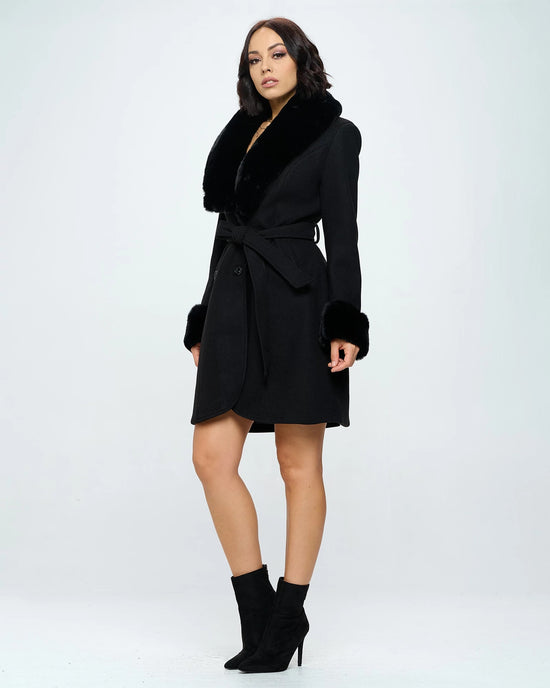 Black $|& Coalition Faux Fur Trim Belted Coat - VOF Side