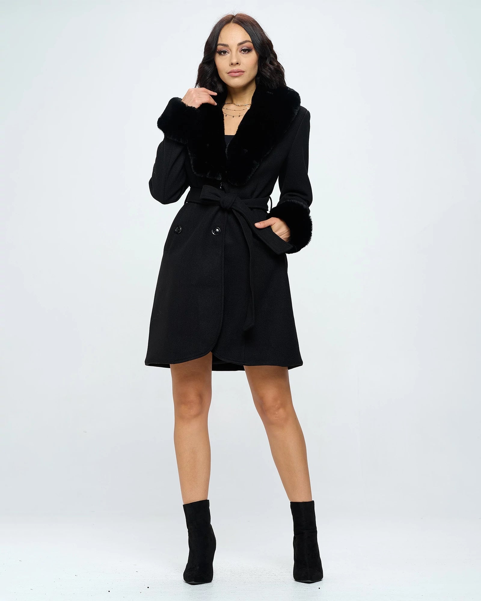 Black $|& Coalition Faux Fur Trim Belted Coat - VOF Front