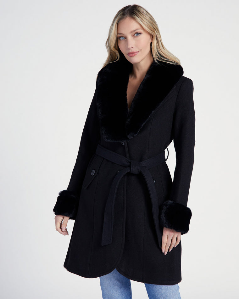Black $|& Coalition Faux Fur Trim Belted Coat - SOF Front