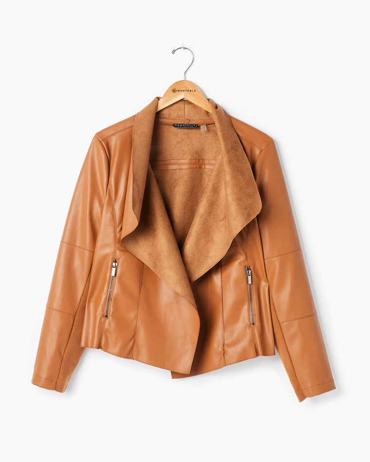 Cognac $|& Bagatelle Faux Leather Draped Jacket - VOF Detail