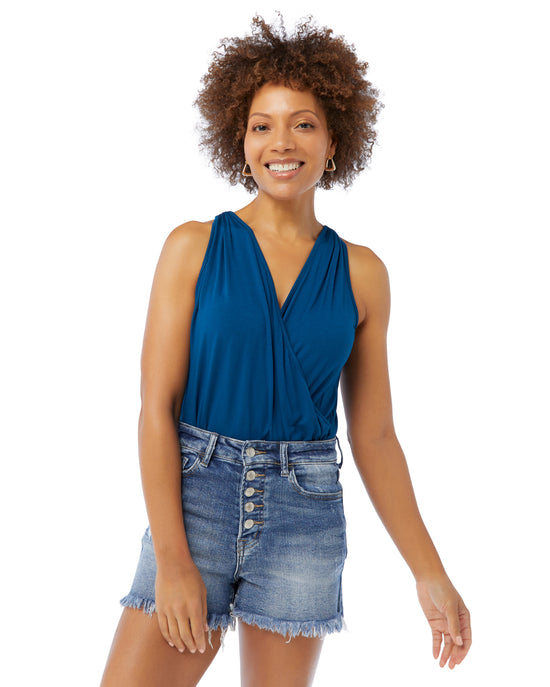 Teal $|& Loveappella Solid Wrap Front Sleeveless Top - SOF Front