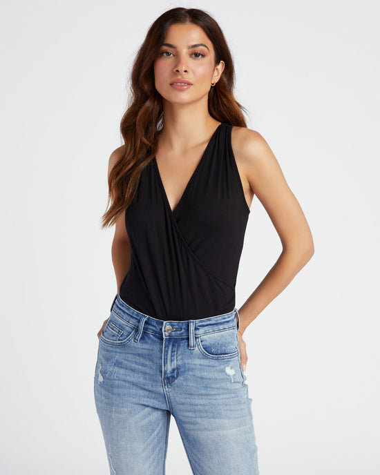 Black $|& Loveappella Solid Wrap Front Sleeveless Top - SOF Front
