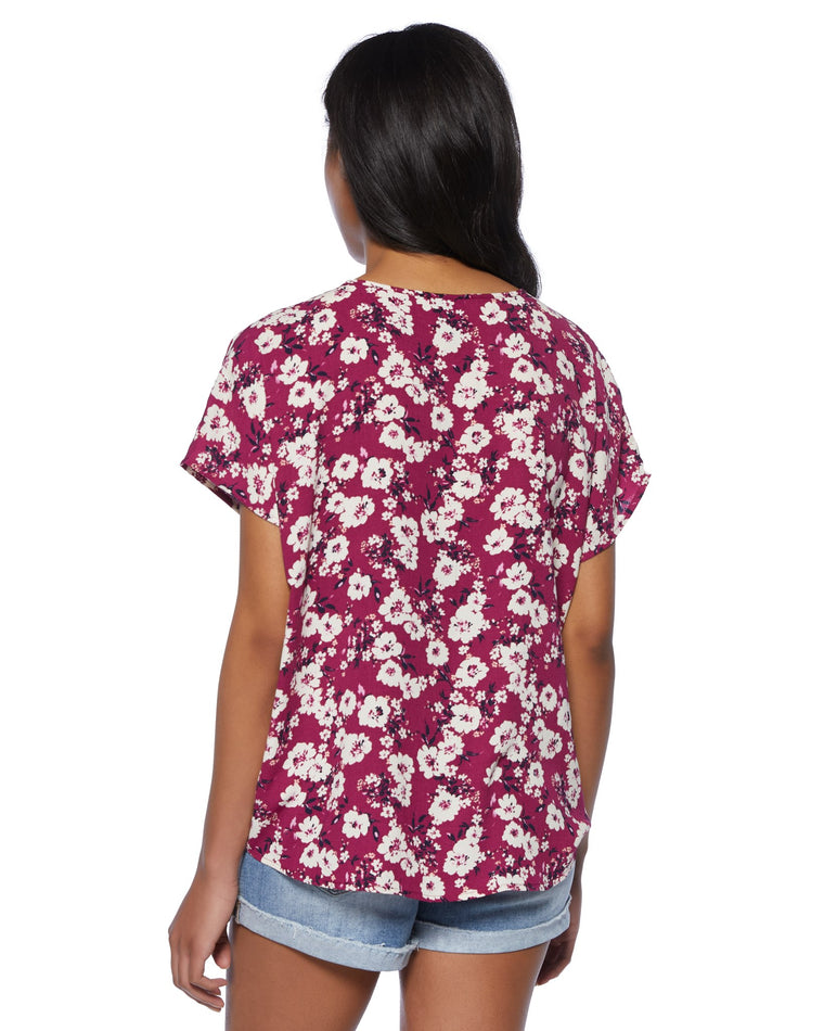 Wine Floral $|& B Collection by Bobeau Twist Front Short Sleeve Floral Blouse - SOF Detail