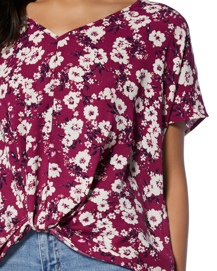 Wine Floral $|& B Collection by Bobeau Twist Front Short Sleeve Floral Blouse - SOF Full Front