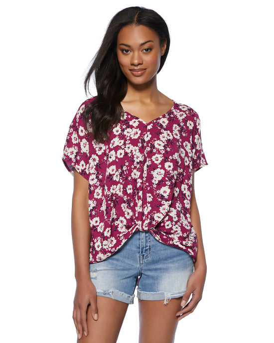 Wine Floral $|& B Collection by Bobeau Twist Front Short Sleeve Floral Blouse - SOF Side