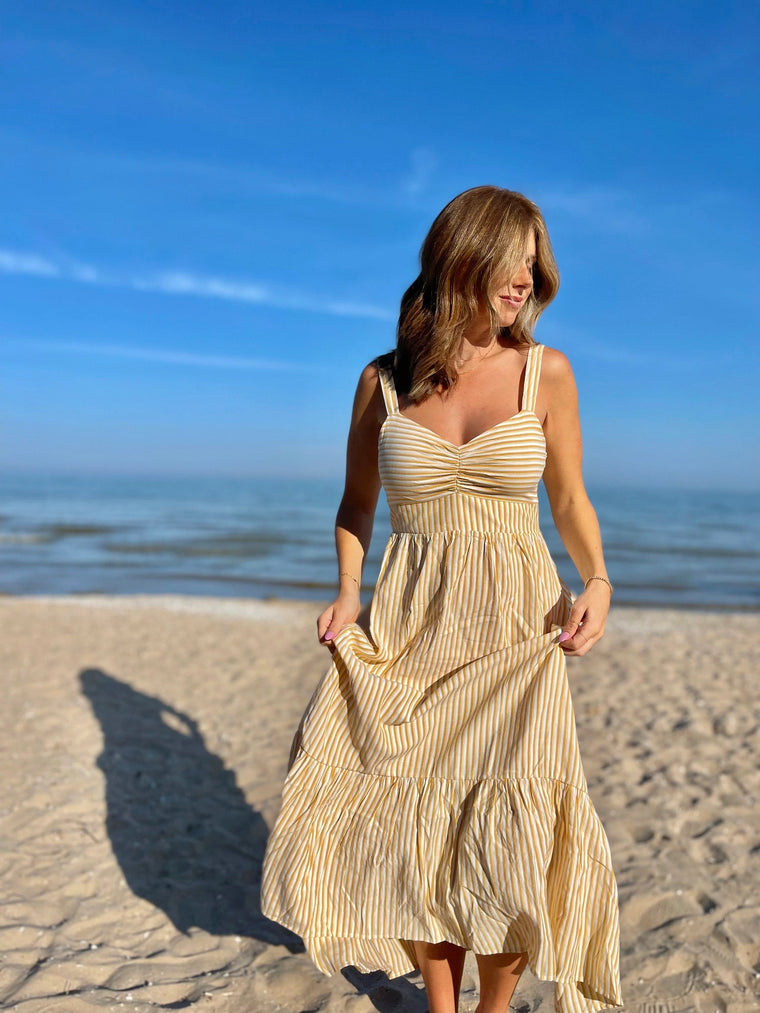 Yellow/White $|& Skies Are Blue Striped Sweetheart Maxi Dress - UGC On Fig