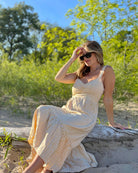 Yellow/White $|& Skies Are Blue Striped Sweetheart Maxi Dress - SOF Full Front