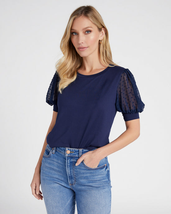 Navy $|& Les Amis Dressy Knit Top with Swiss Dot Sleeve - SOF Front