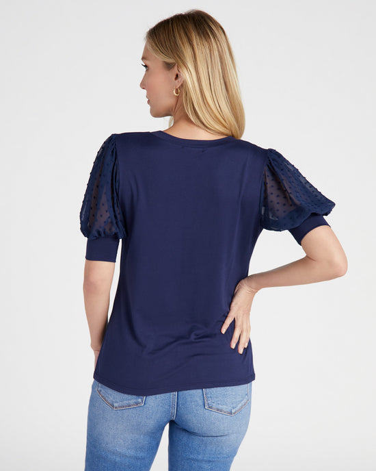 Navy $|& Les Amis Dressy Knit Top with Swiss Dot Sleeve - SOF Back