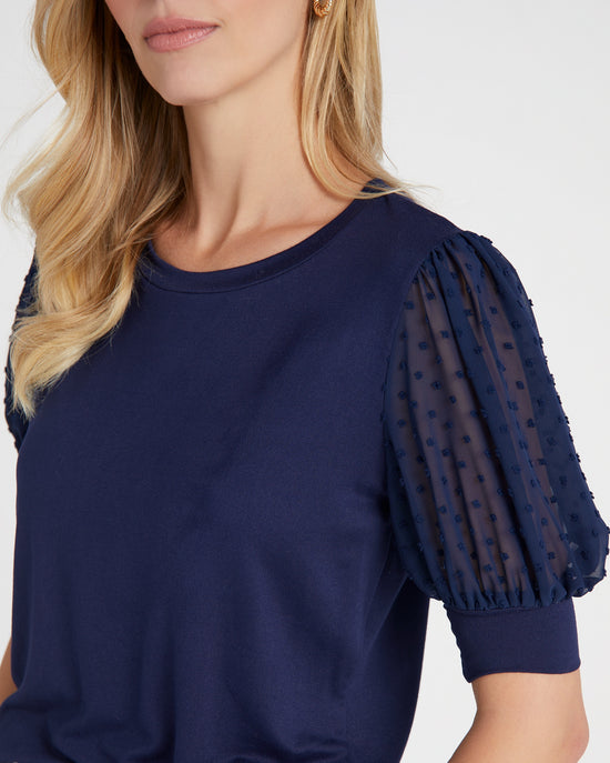 Navy $|& Les Amis Dressy Knit Top with Swiss Dot Sleeve - SOF Detail