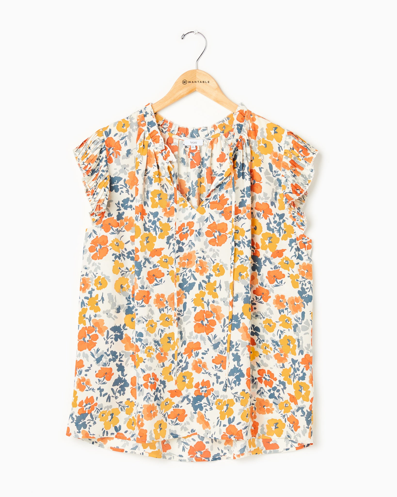Pleated Slv w/Tie Floral Top Mustard $|& VOY Los Angeles Floral Pleated Sleeve Top with Tie - Hanger Detail