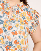 Pleated Slv w/Tie Floral Top Mustard $|& VOY Los Angeles Floral Pleated Sleeve Top with Tie - SOF Full Front
