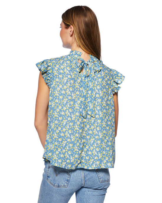 Blue/Yellow $|& VOY Los Angeles Ruffle Sleeve Back Neck Tie Floral Top - SOF Detail
