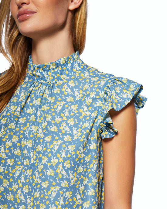 Blue/Yellow $|& VOY Los Angeles Ruffle Sleeve Back Neck Tie Floral Top - SOF Full Front