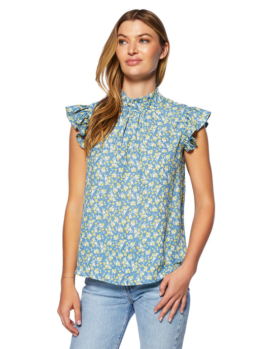 Blue/Yellow $|& VOY Los Angeles Ruffle Sleeve Back Neck Tie Floral Top - SOF Side