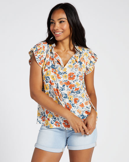 Pleated Sleeve Floral Top with Tie Front