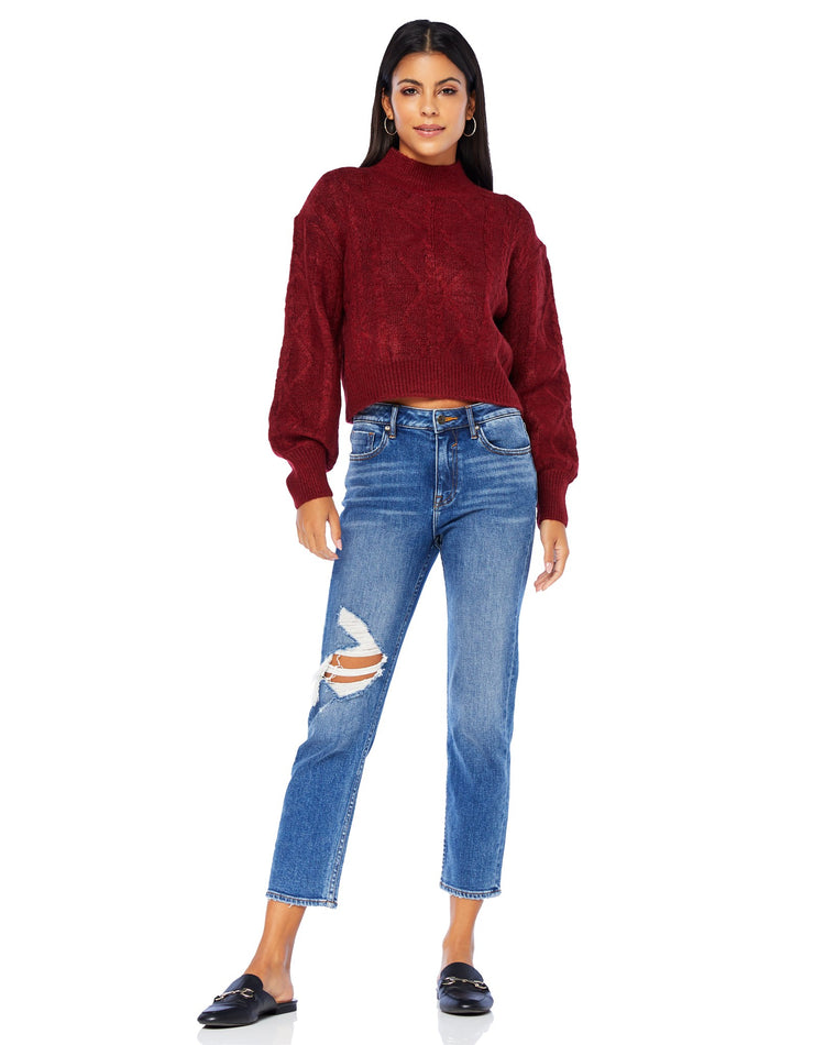 Burgundy $|& Vigoss Mock Neck Cable Knit Cropped Sweater - SOF Full Front
