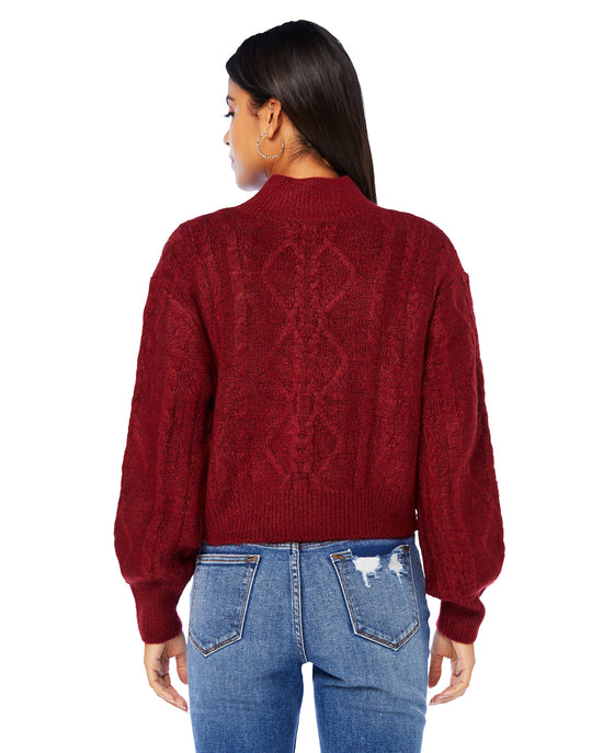 Burgundy $|& Vigoss Mock Neck Cable Knit Cropped Sweater - SOF Back