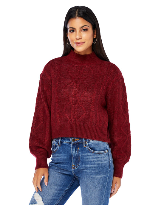 Burgundy $|& Vigoss Mock Neck Cable Knit Cropped Sweater - SOF Front