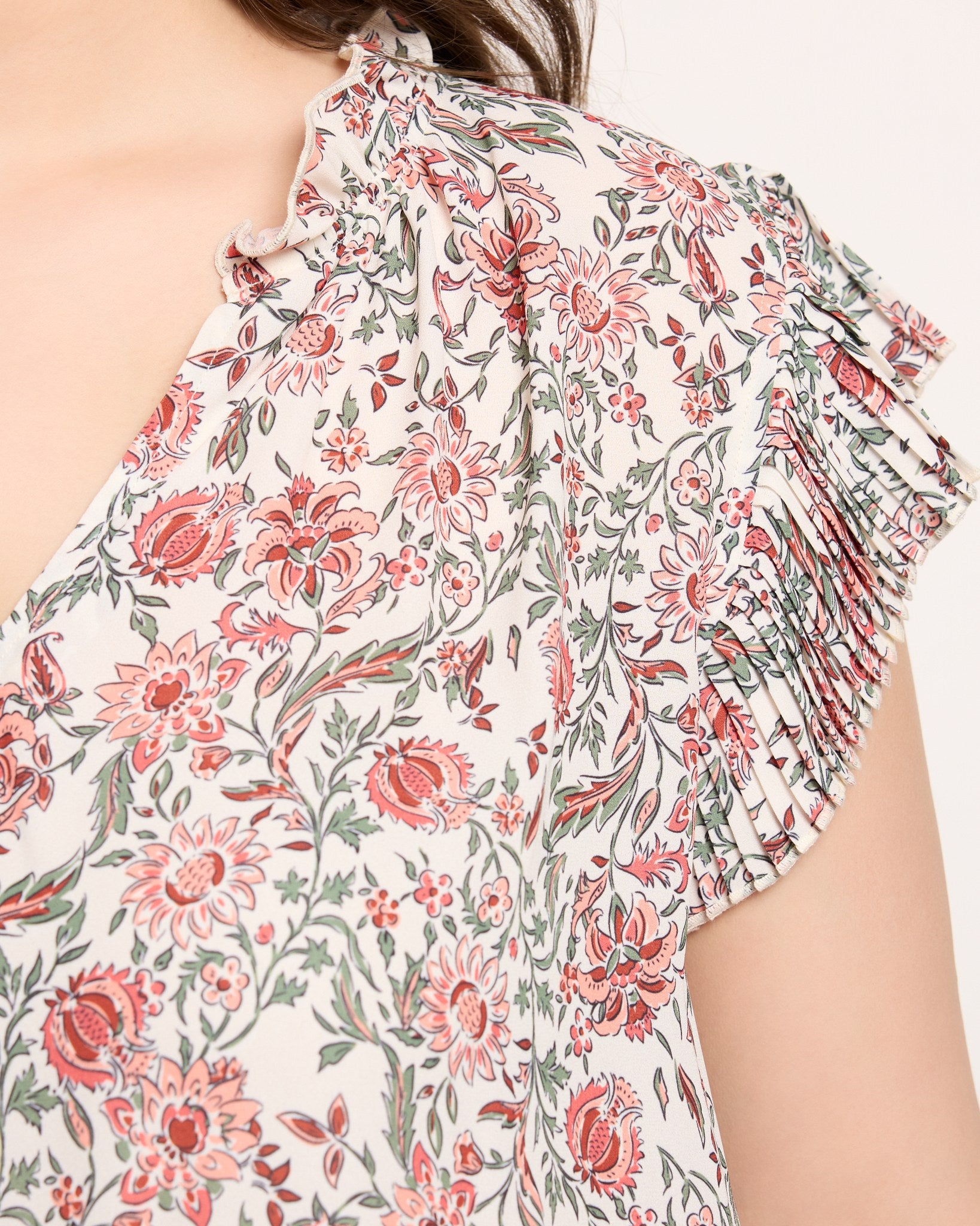 Red-Ivory $|& VOY Los Angeles Floral Pleated Sleeve Elastic Waist Top - SOF Full Front