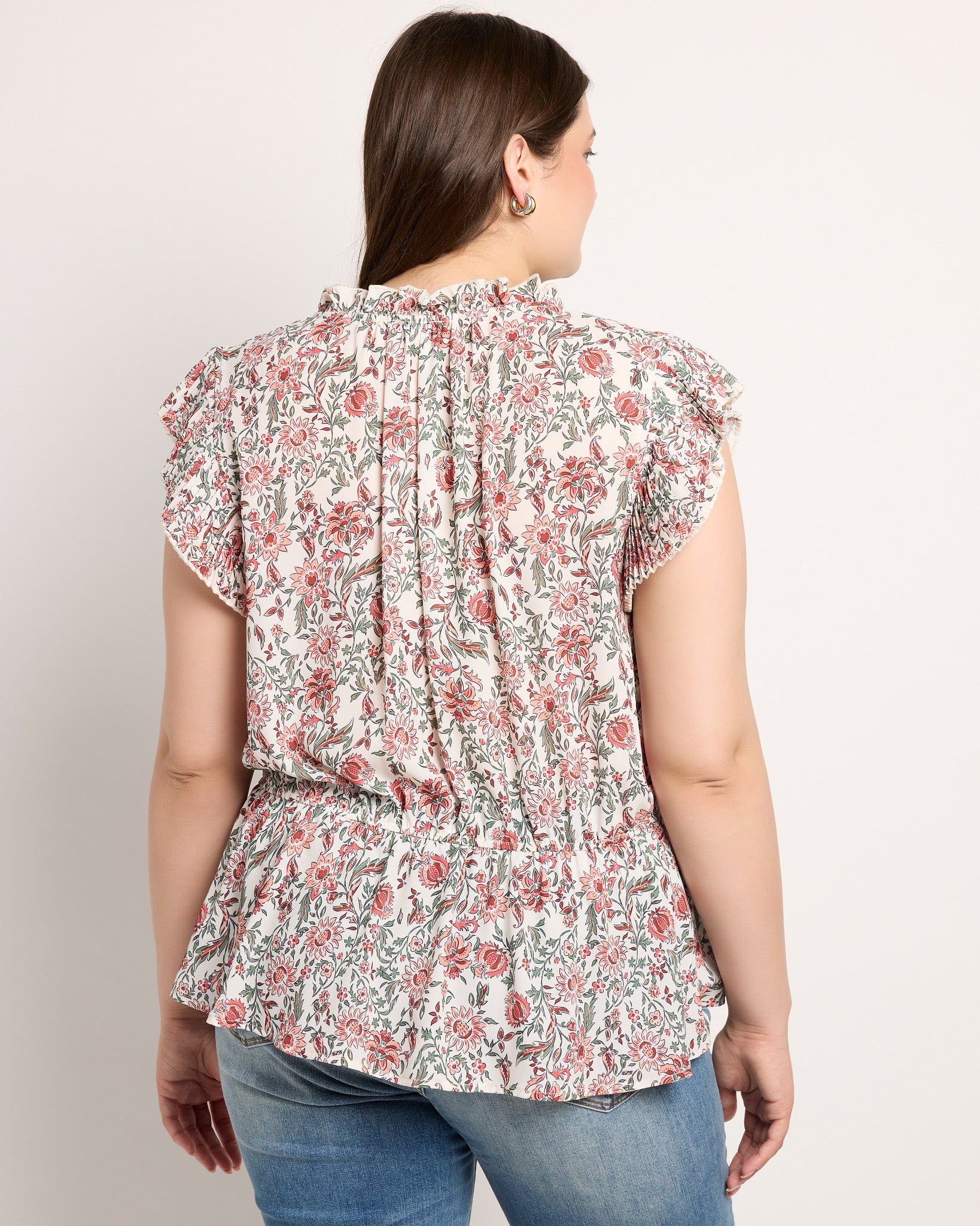 Red-Ivory $|& VOY Los Angeles Floral Pleated Sleeve Elastic Waist Top - SOF Back