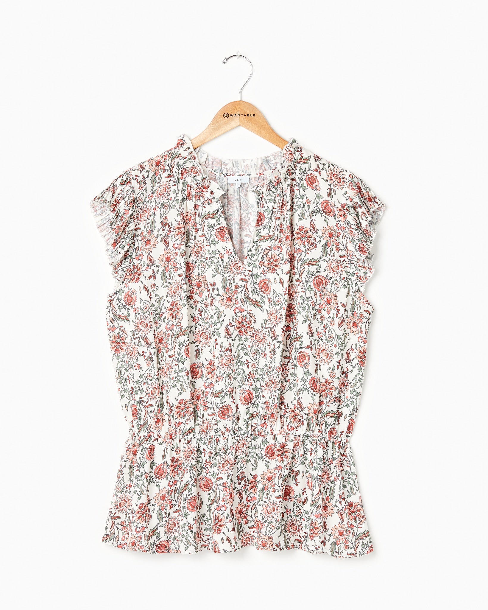 Red-Ivory $|& VOY Los Angeles Floral Pleated Sleeve Elastic Waist Top - Hanger Detail
