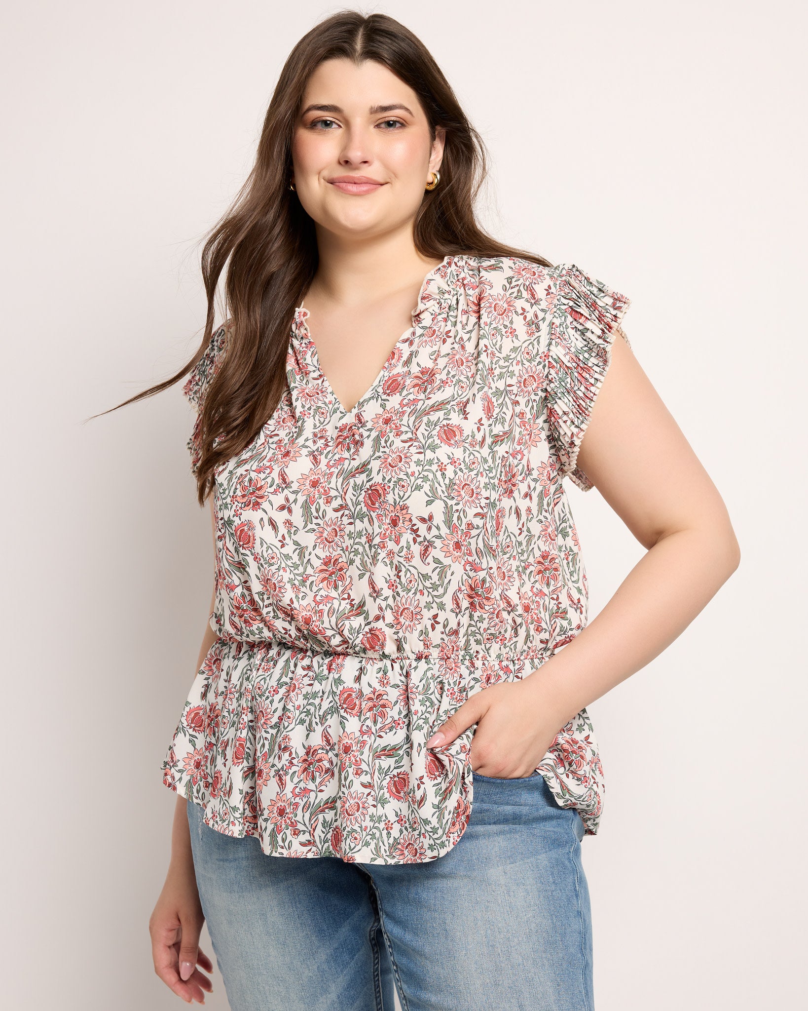 Red-Ivory $|& VOY Los Angeles Floral Pleated Sleeve Elastic Waist Top - SOF Front