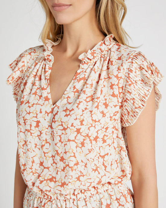 Ivry/Orange $|& VOY Los Angeles Pleated Sleeve Elastic Waist Floral Top - SOF Detail