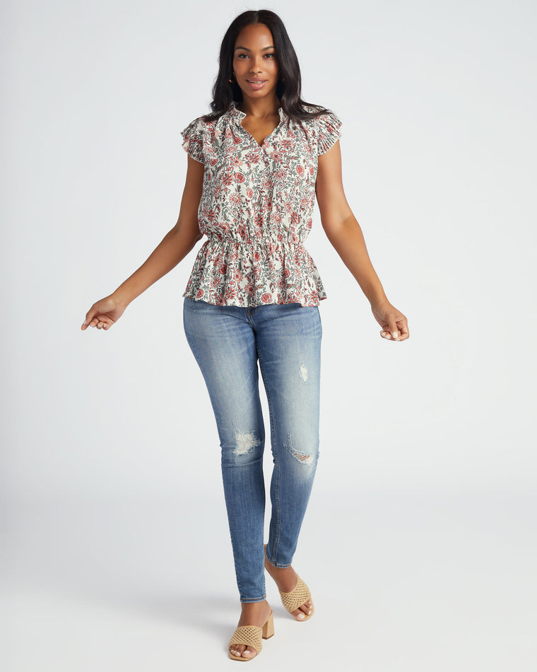 Red/Ivry $|& VOY Los Angeles Pleated Sleeve Elastic Waist Floral Top - SOF Full Front