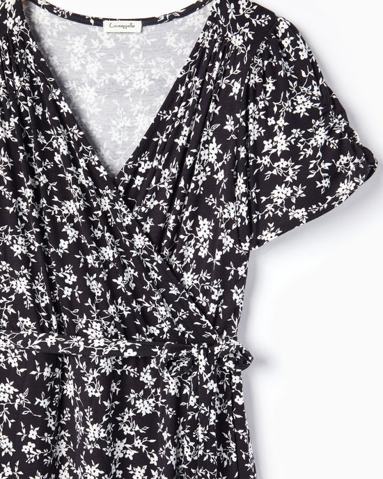 Printed Short Sleeve Wrap Dress Blk/Iv Floral $|& Loveappella Printed Short Sleeve Wrap Dress - Hanger Detail