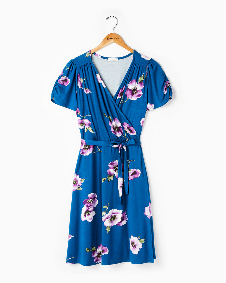 Printed Short Sleeve Wrap Dress Teal/Purple Floral $|& Loveappella Printed Short Sleeve Wrap Dress - Hanger Front