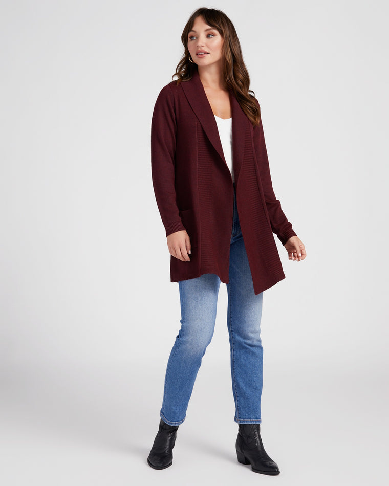 Burgundy $|& Staccato Long Sweater Cardigan with Pockets - SOF Full Front