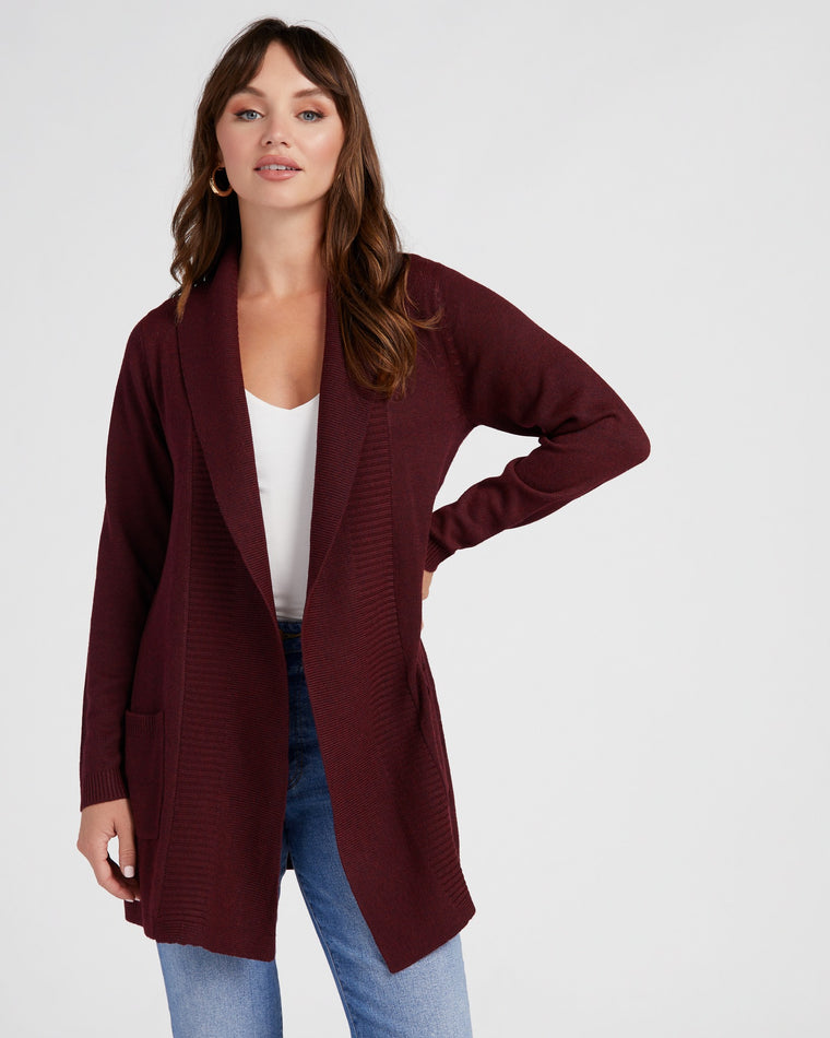 Burgundy $|& Staccato Long Sweater Cardigan with Pockets - SOF Front