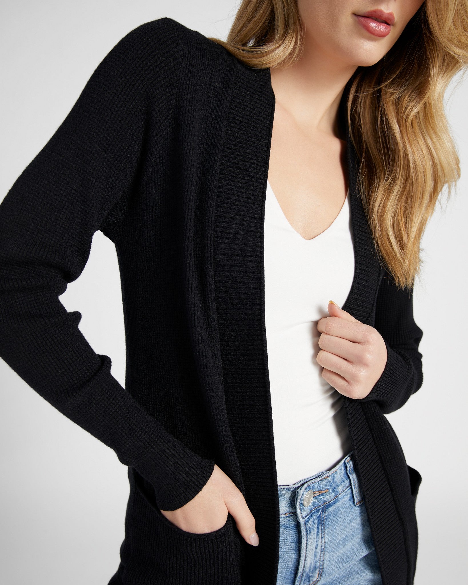 Black $|& Staccato Open Front Pocket Cardigan - SOF Detail