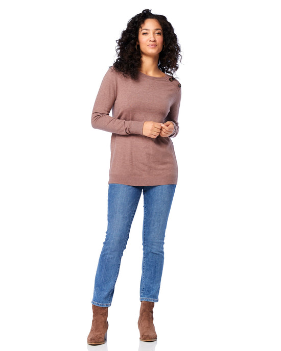 Mocha $|& Staccato Shoulder Button Detail Sweater - SOF Full Front