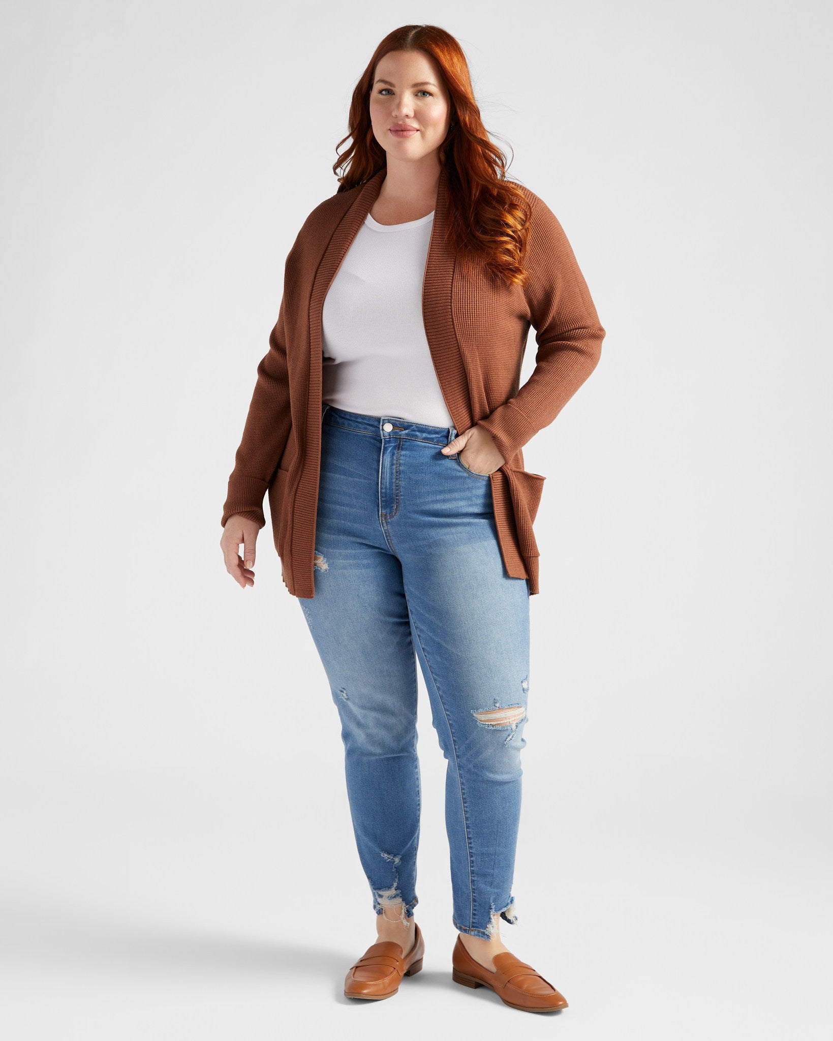 Plus Size Open Front Waffle Knit Cardigan with Pockets – Wantable