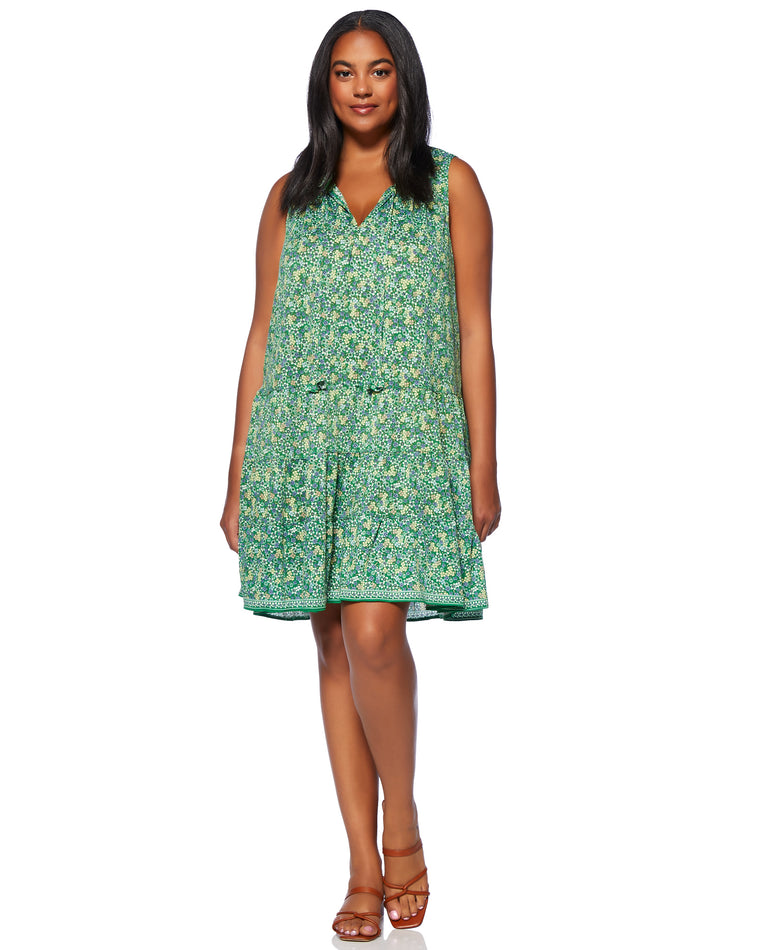 Green/Denim Ditsy $|& Max Studio Printed Knit Tier Dress - SOF Full Front