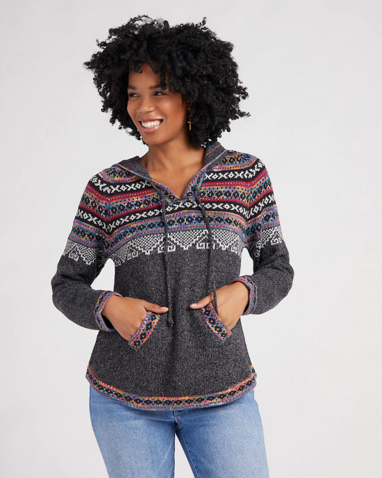 Charcoal Grey $|& Apricot Aztec Knit Hooded Sweater - SOF Front