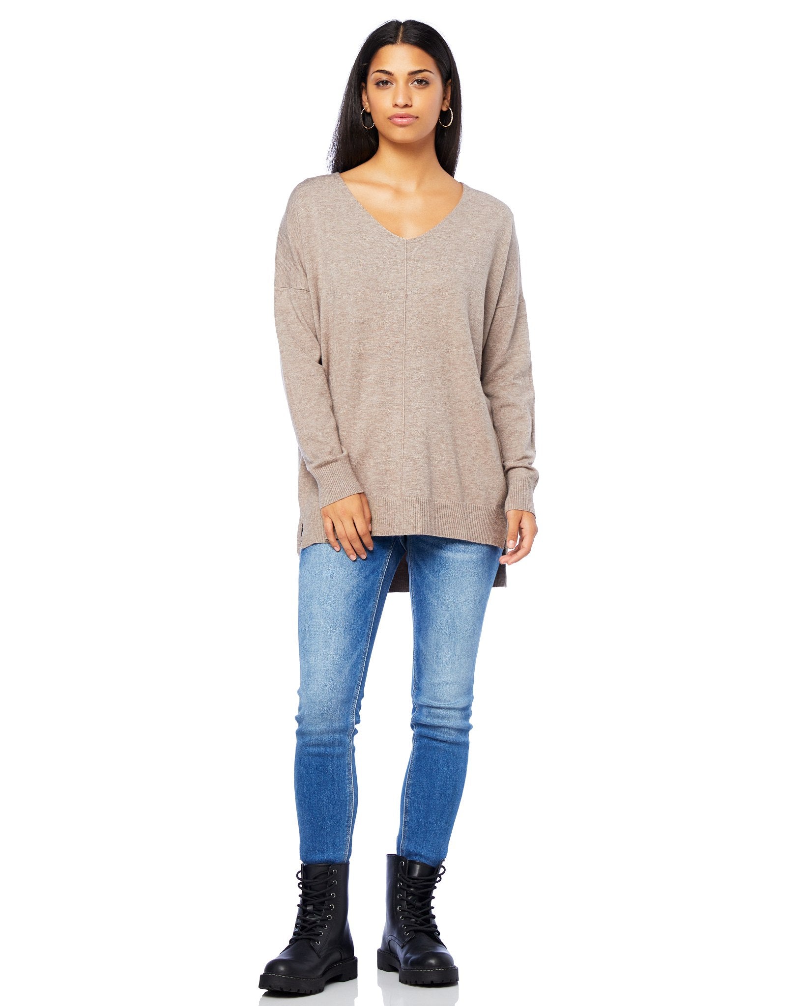 H. Mocha $|& Dreamers Front Seam V-Neck Sweater - SOF Full Front