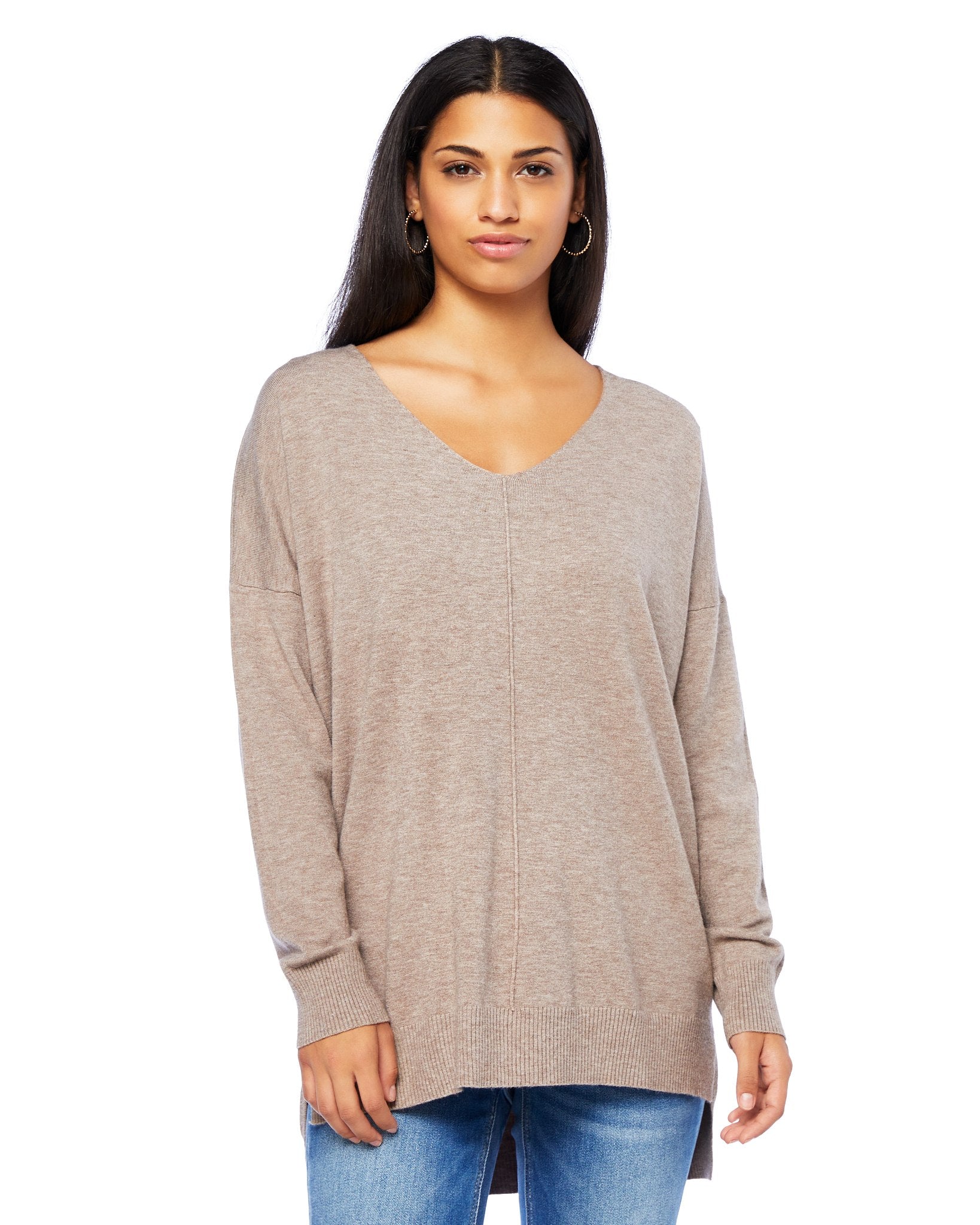 H. Mocha $|& Dreamers Front Seam V-Neck Sweater - SOF Front