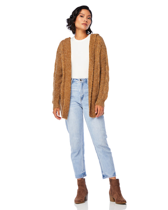 Camel $|& Dreamers Hooded Cable Knit Open Cardigan - SOF Front