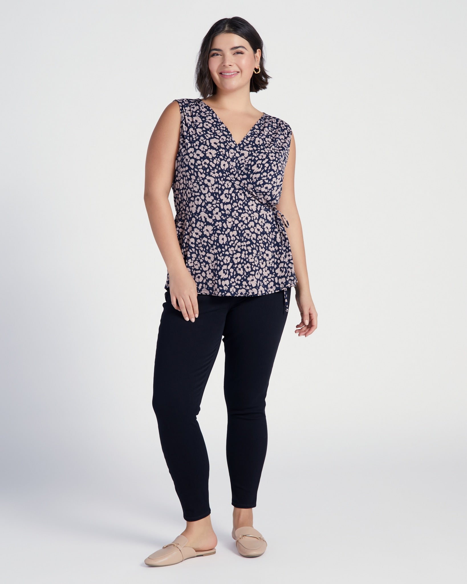 Navy/Cream $|& West Kei Printed Knit Sleeveless Wrap Top - SOF Full Front