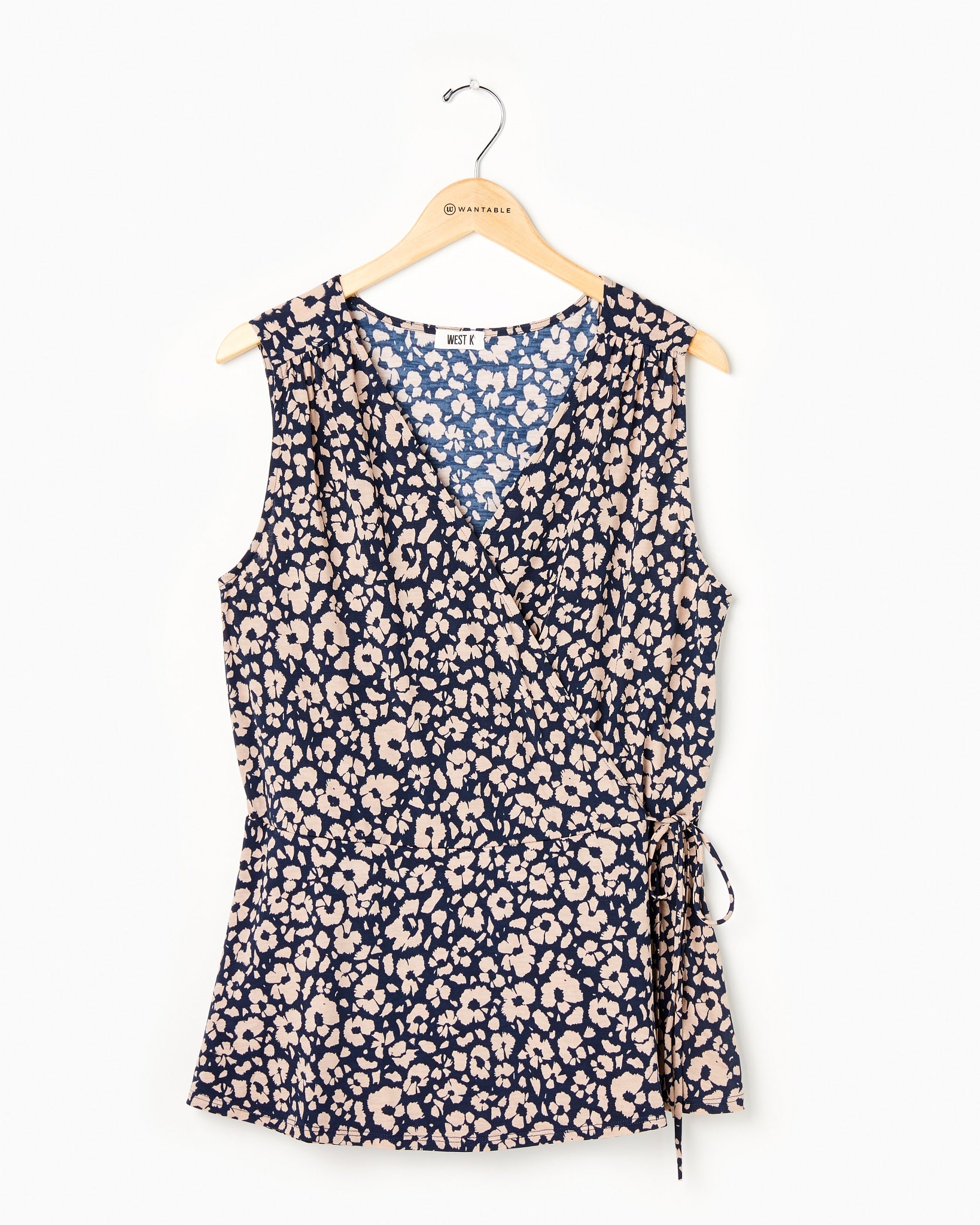 Navy/Cream $|& West Kei Printed Knit Sleeveless Wrap Top - Hanger Front