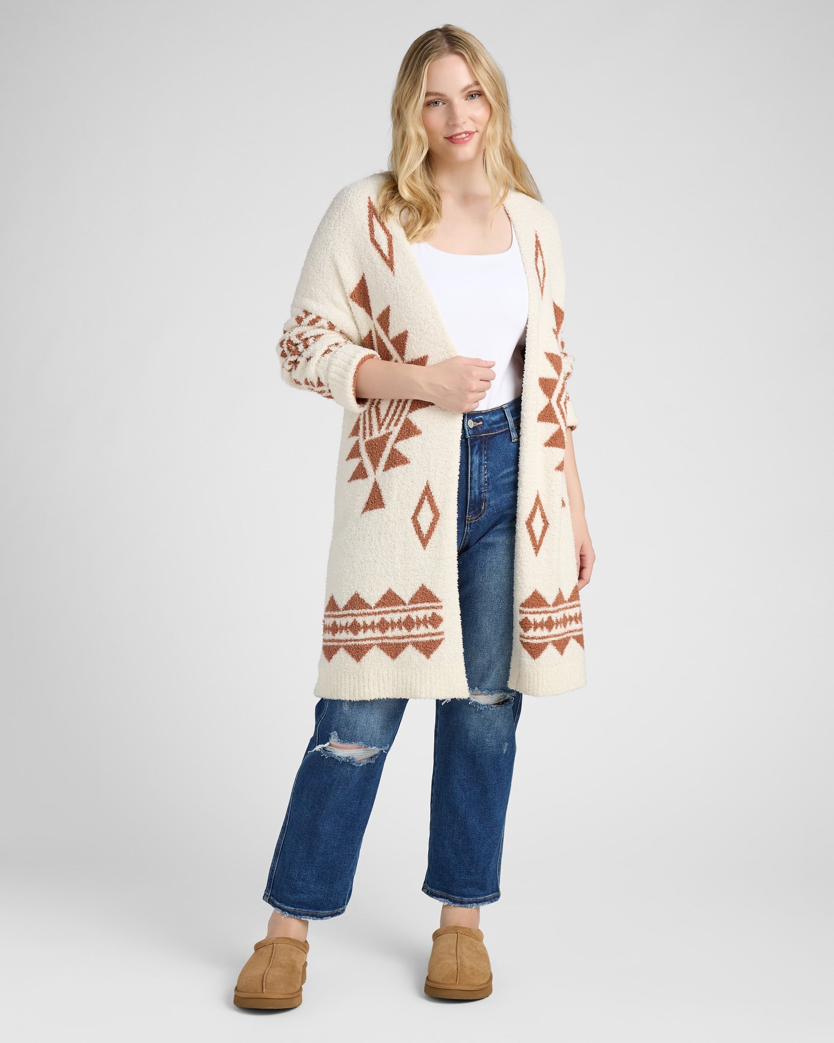 Ivory $|& Dreamers Tribal Pattern Open Cardigan - SOF Front