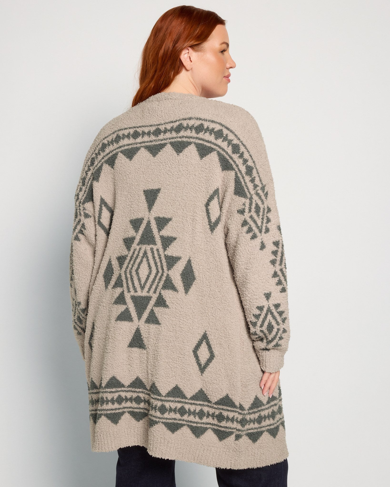 Mocha/Green $|& Dreamers Tribal Pattern Open Cardigan - SOF Back