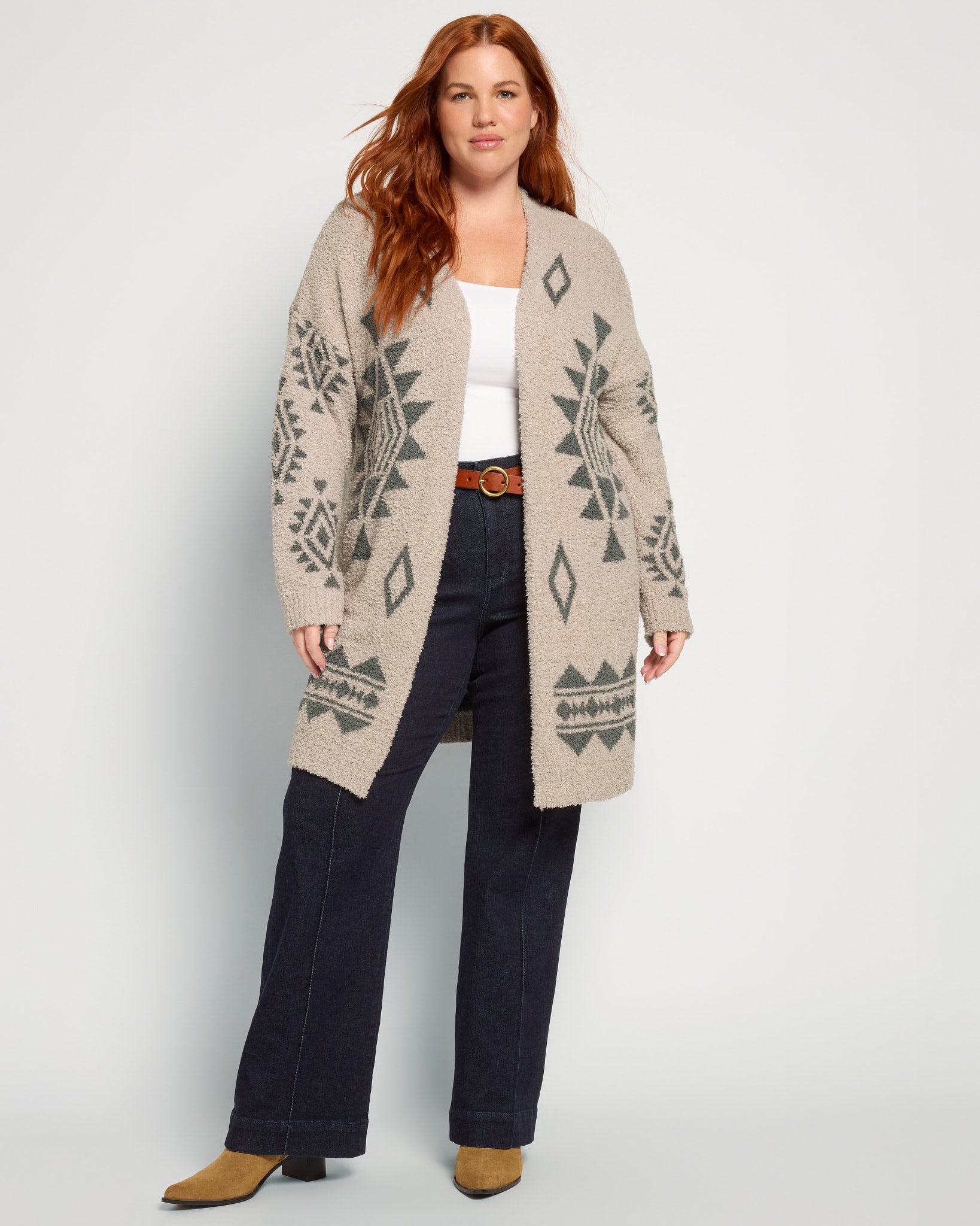 Mocha/Green $|& Dreamers Tribal Pattern Open Cardigan - UGC On Fig